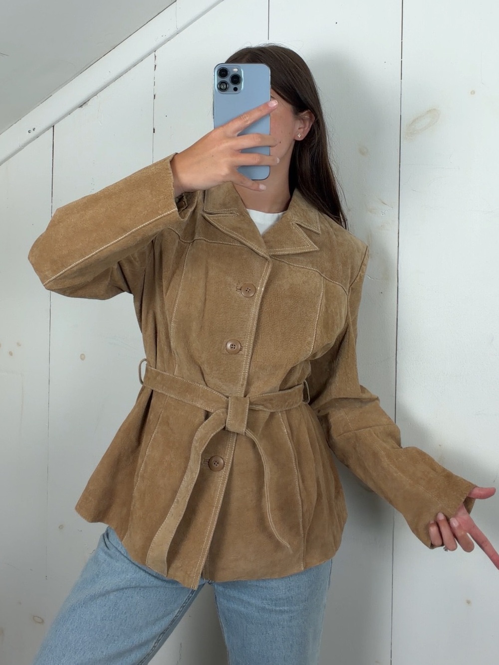 Vintage Wilsons Tan Suede Leather Button Up Belted Jacket Women’s Large 90s Y2K
